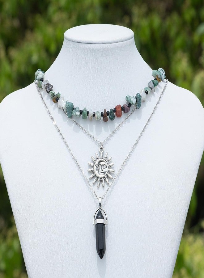 eartif Hippie Necklac Boho Necklace Healing Nature Crystal Necklace Layering Necklaces Moon Sun Star Pendant Choker Necklace Gothic Jewelry For Women (Black) - Image 4